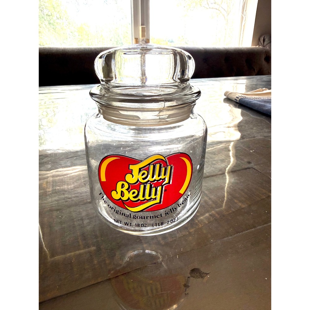 Vintage Jelly Belly Glass Candy Jar with Lid 18oz Apothecary Storage Container